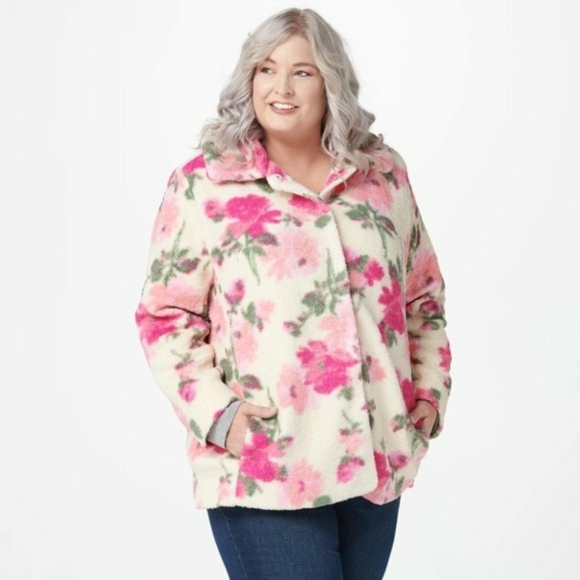 Isaac Mizrahi Live! Floral Printed Shearling coat - Picture 1 of 11
